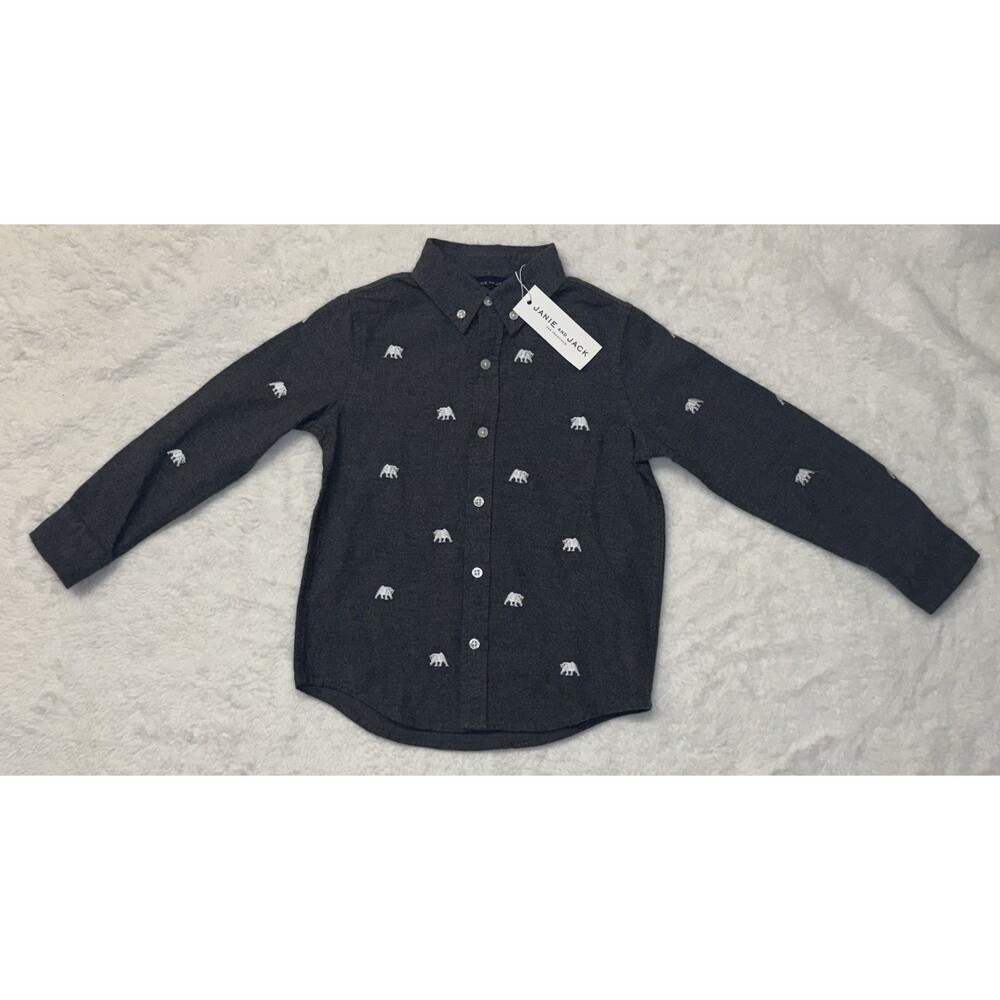 NWT Janie and Jack Size 4 Boys Button Up Polar Bear Embroidered Long-Sleeve